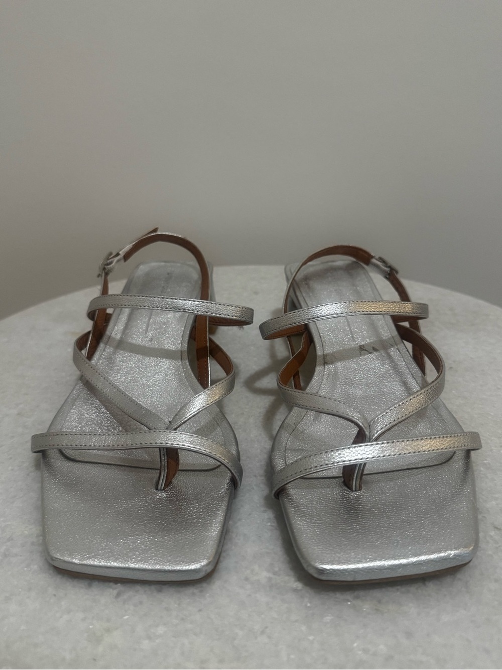 INTENTIONALLY BLANK Silver Metallic Strappy Sandals